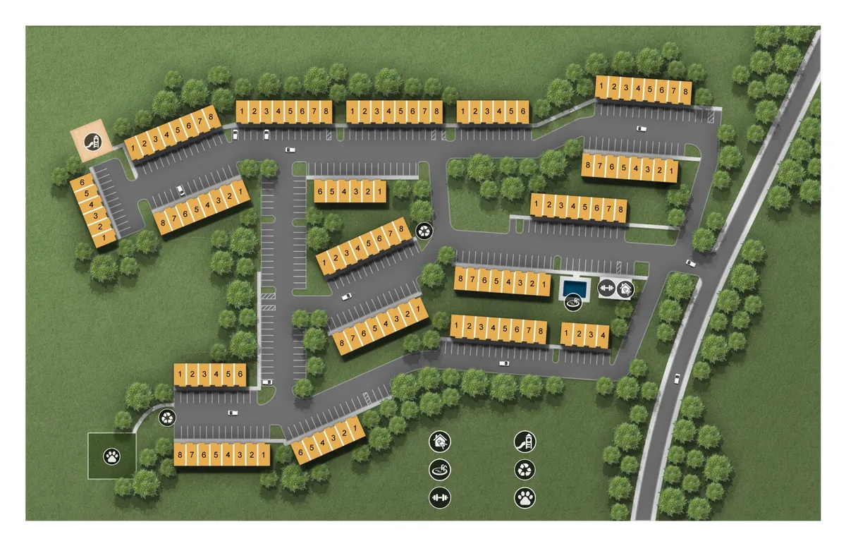This exterior image displays the building's layout with visible parking spaces, green spaces, and a pool area. The setting hints at an active, community-focused environment, which invites outdoor activities and convenient access for residents and business travelers alike.